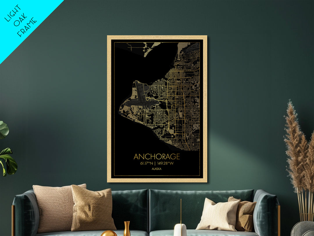Anchorage Alaska City street map, Metallic Gold Print, Metal Art, wood framed map, black and gold, Street Map Art, Office Decor