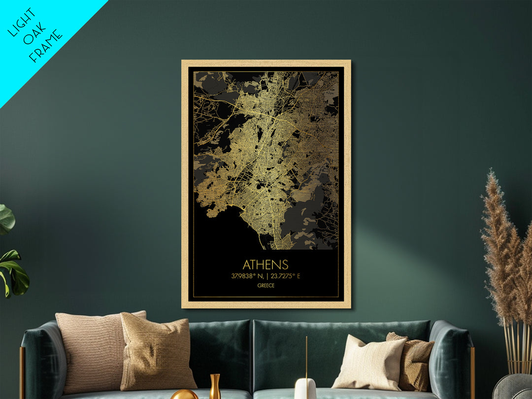 Athens Greece City street map, Metallic Gold Print, Metal Art, wood framed map, black and gold, Gold Street Map Art, Modern Wall Art