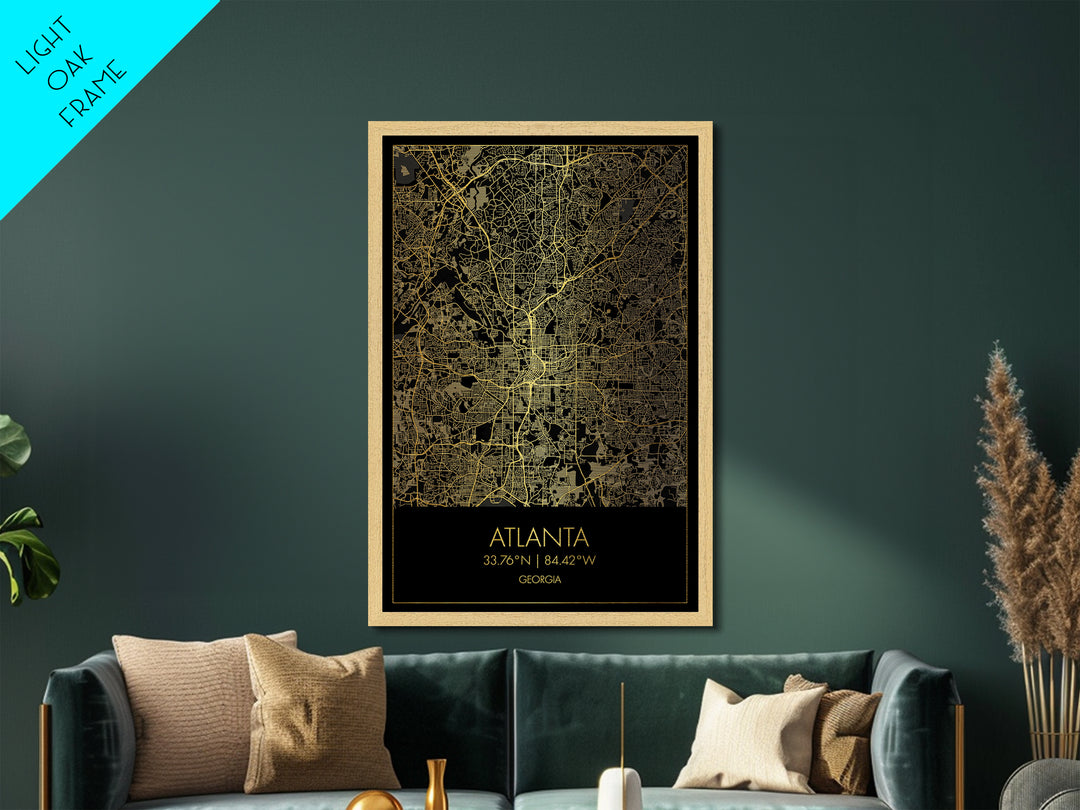 Atlanta Georgia City Poster, Metallic Gold Art, Metal Art, real wood frames, black and gold, Street Map Wall Art, Closing Gift