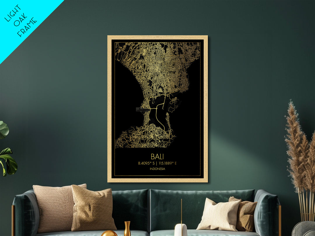 Bali Indonesia City Poster, Metallic Gold Art, Metal Art, real wood frames, black and gold, Map Art, Best Friend Gifts
