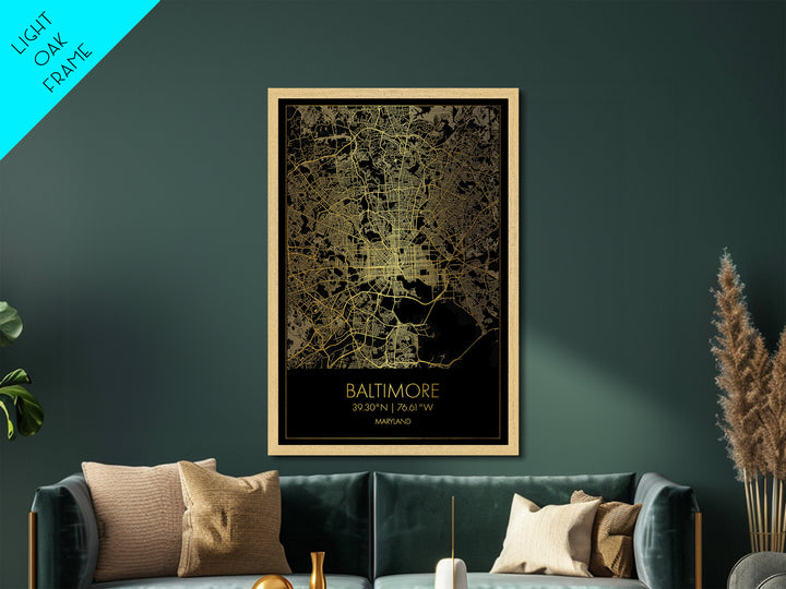 Baltimore Maryland City street map, Metallic Gold Print, Metal Art, wood framed map, black and gold, Gold Street Map Art, Modern Wall Art