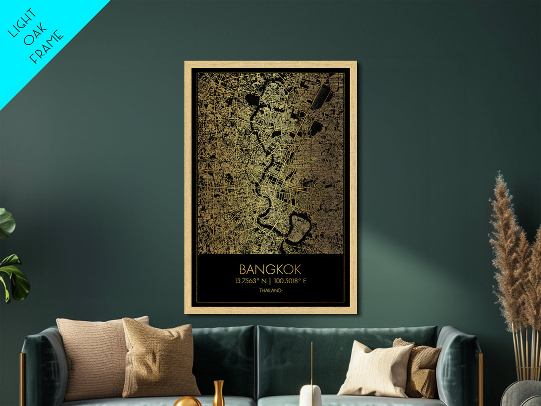 Bangkok Thailand City Poster, Metallic Gold Art, Metal Art, real wood frames, black and gold, Minimalist Wall Art, Map Print Poster