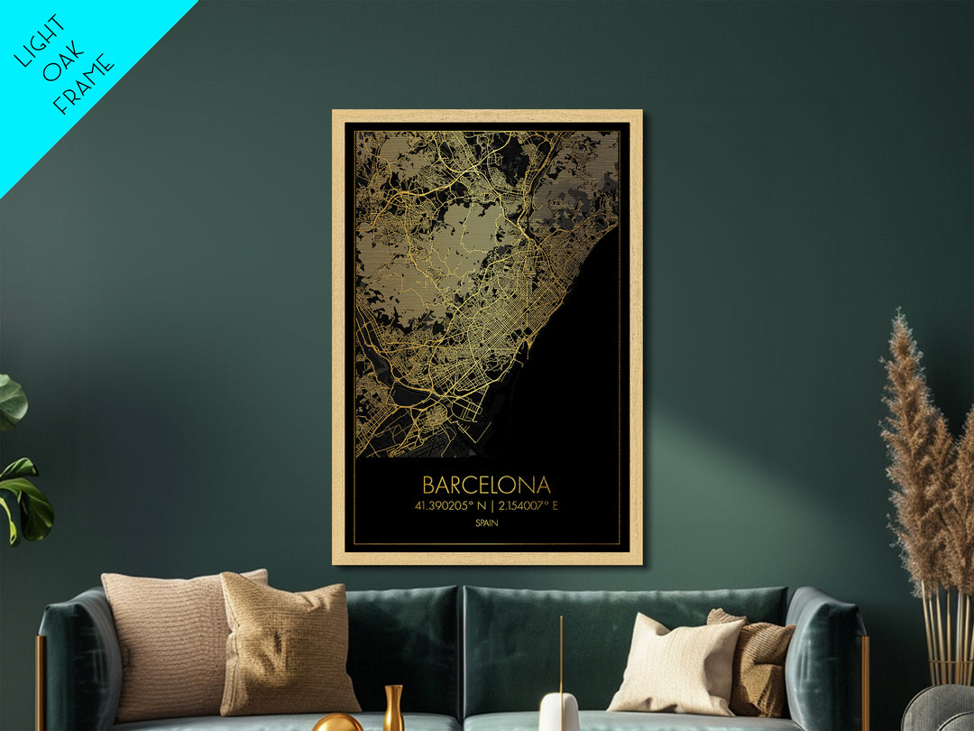 Barcelona Spain City street map, Metallic Gold Print, Metal Art, wood framed map, black and gold, Street Map Art, Office Decor