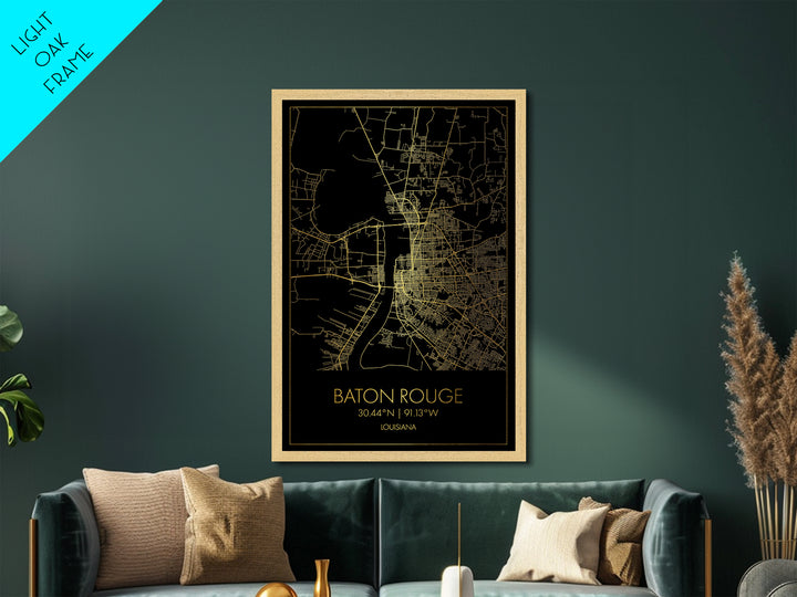 Baton Rouge Louisiana City Poster, Metallic Gold Art, Metal Art, real wood frames, black and gold, Map Art, Best Friend Gifts