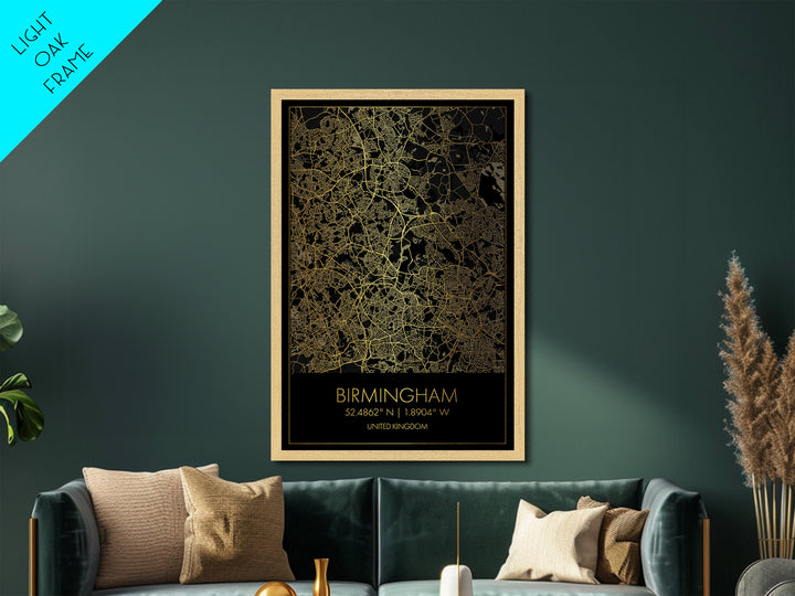 Birmingham United Kingdom City Poster, Metallic Gold Art, Metal Art, real wood frames, black and gold, Gold Street Map Art, Best Friend Gift