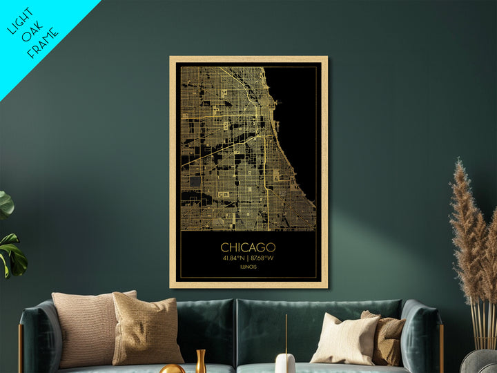 Chicago Illinois City street map, Metallic Gold Print, Metal Art, wood framed map, black and gold, Gold Street Map Art, Modern Wall Art