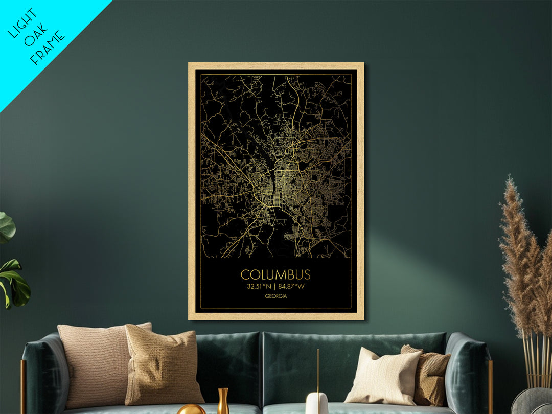 Columbus Georgia City Poster, Metallic Gold Art, Metal Art, real wood frames, black and gold, Minimalist Wall Art, Map Print Poster