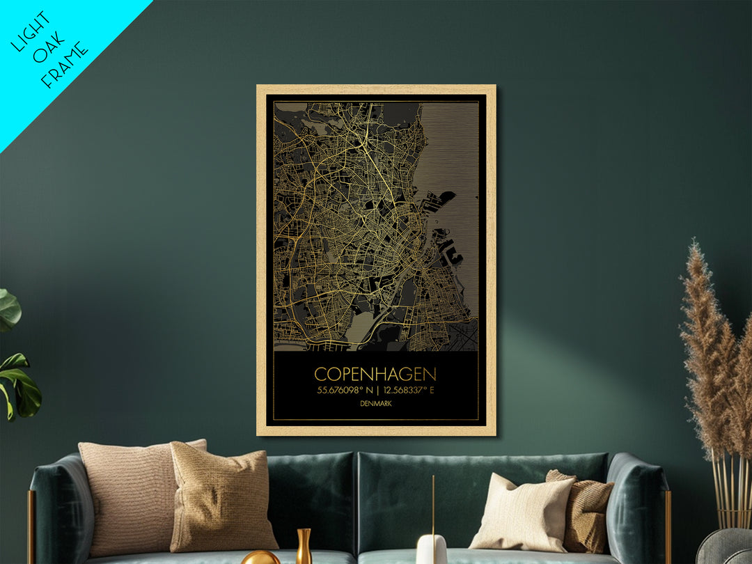 Copenhagen Denmark City Poster, Metallic Gold Art, Metal Art, real wood frames, black and gold, Map Art, Best Friend Gifts