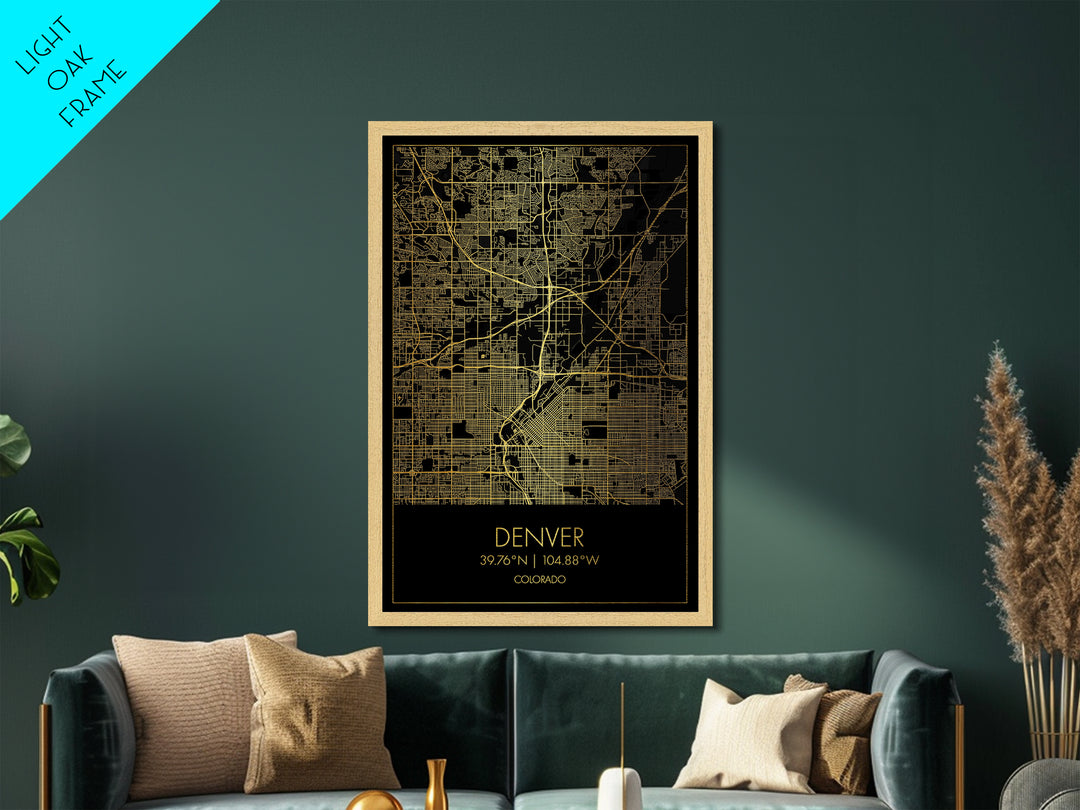 Denver Colorado City street map, Metallic Gold Print, Metal Art, wood framed map, black and gold, Map Art, Housewarming Gift