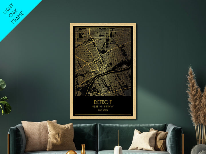 Detroit Michigan City Poster, Metallic Gold Art, Metal Art, real wood frames, black and gold, Gold Street Map Art, Best Friend Gifts