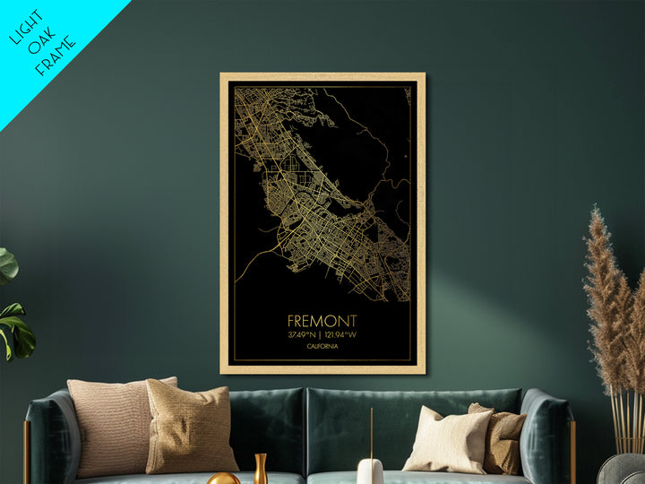 Fremont California City street map, Metallic Gold Print, Metal Art, wood framed map, black and gold, Gold Street Map Art, Modern Wall Art