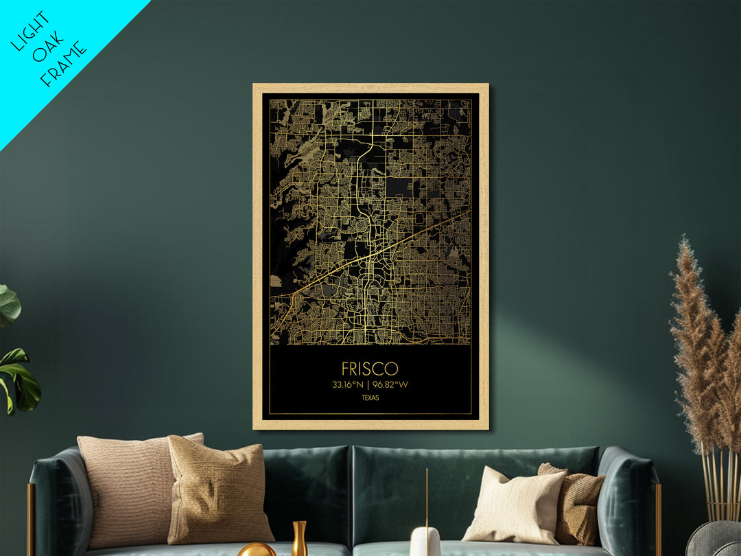 Frisco Texas City street map, Metallic Gold Print, Metal Art, wood framed map, black and gold, Street Map Art, Office Decor