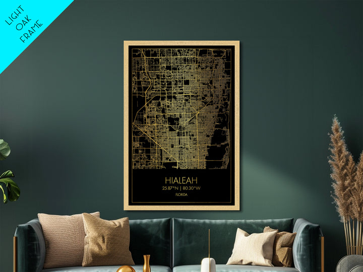 Hialeah Florida City Poster, Metallic Gold Art, Metal Art, real wood frames, black and gold, Map Art, Best Friend Gifts