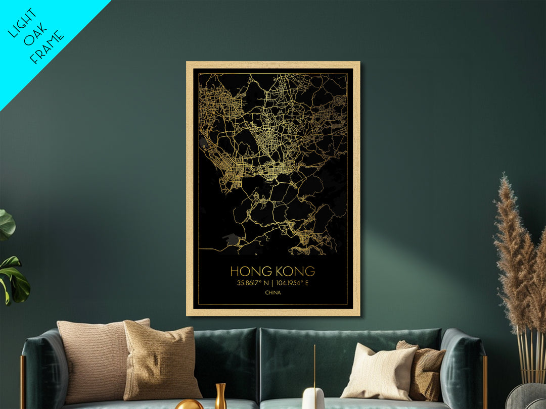 Hong Kong China City street map, Metallic Gold Print, Metal Art, wood framed map, black and gold, Gold Street Map Art, Modern Wall Art