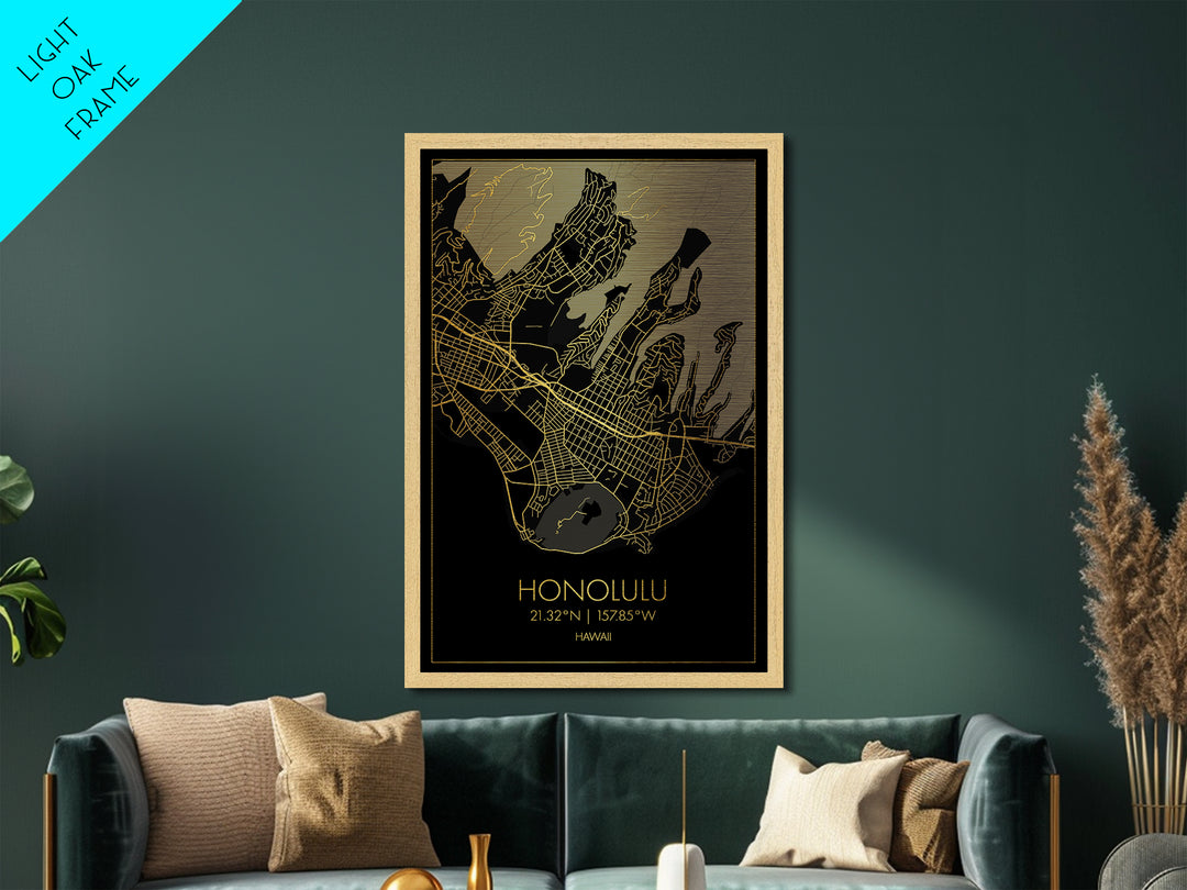 Honolulu Hawaii City Poster, Metallic Gold Art, Metal Art, real wood frames, black and gold, Minimalist Wall Art, Map Print Poster