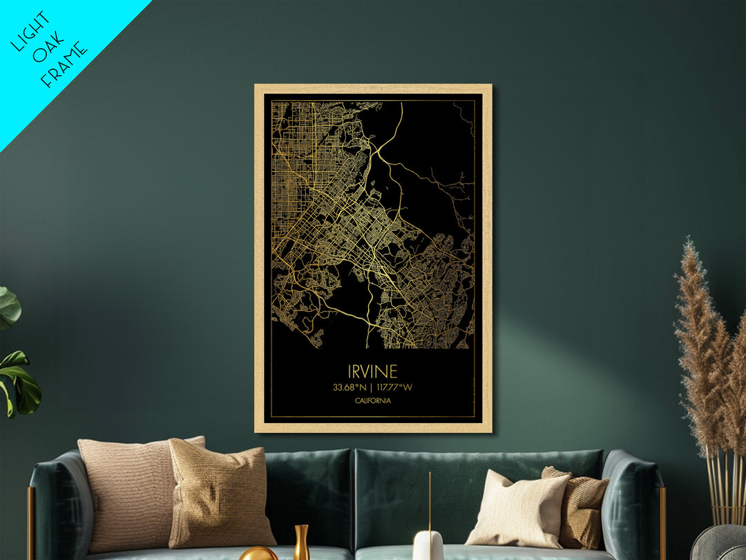 Irvine California City street map, Metallic Gold Print, Metal Art, wood framed map, black and gold, Street Map Art, Office Decor