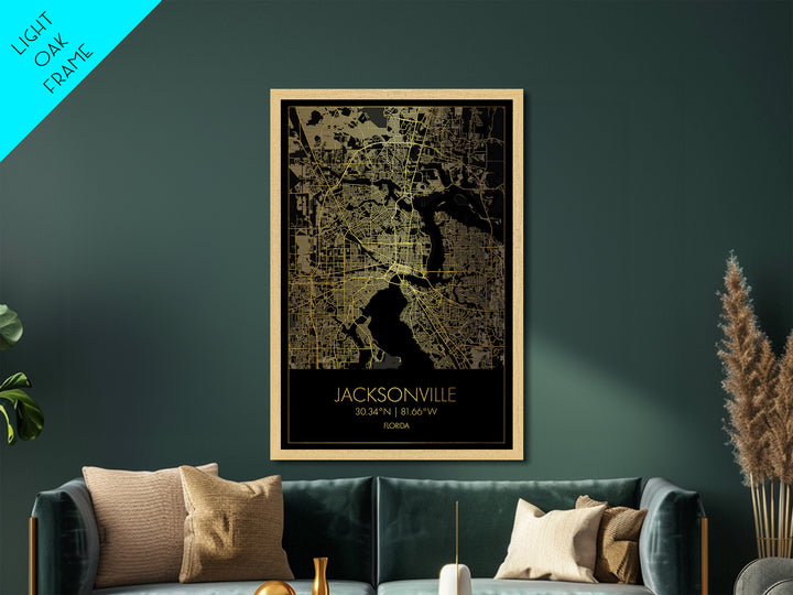 Jacksonville Florida City Poster, Metallic Gold Art, Metal Art, real wood frames, black and gold, Map Art, Best Friend Gifts