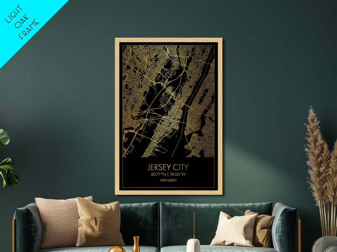 Jersey City New Jersey City Poster, Metallic Gold Art, Metal Art, real wood frames, black and gold, Minimalist Wall Art, Map Print Poster
