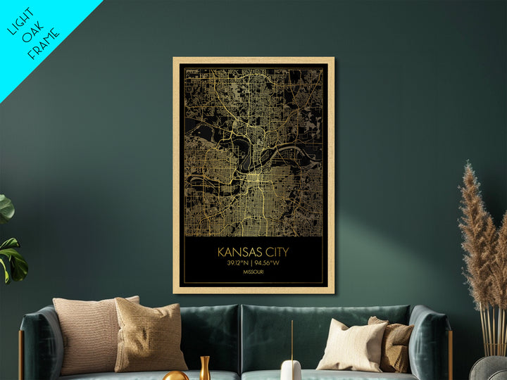 Kansas City Missouri City street map, Metallic Gold Print, Metal Art, wood framed map, black and gold, Street Map Art, Office Decor