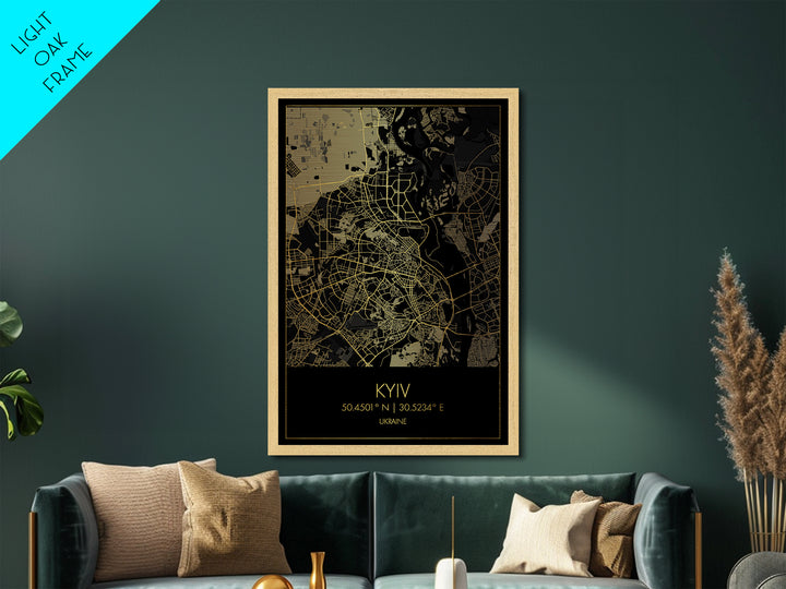 Kyiv Ukraine City street map, Metallic Gold Print, Metal Art, wood framed map, black and gold, Gold Street Map Art, Modern Wall Art