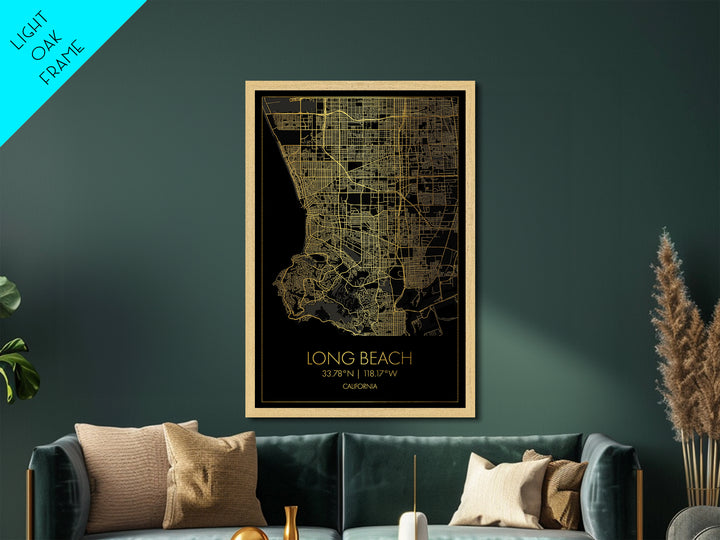 Long Beach California City Poster, Metallic Gold Art, Metal Art, real wood frames, black and gold, Minimalist Wall Art, Map Print Poster