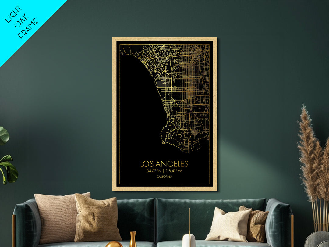 Los Angeles California City street map, Metallic Gold Print, Metal Art, wood framed map, black and gold, Street Map Art, Office Decor