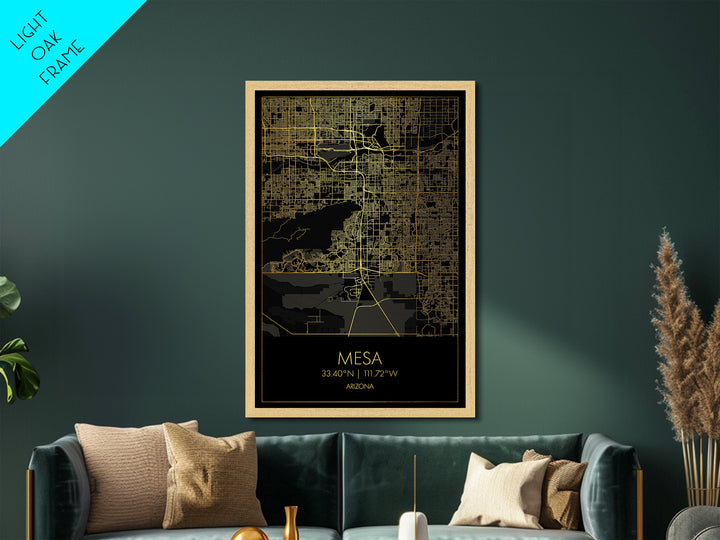 Mesa Arizona City Poster, Metallic Gold Art, Metal Art, real wood frames, black and gold, Map Art, Best Friend Gifts