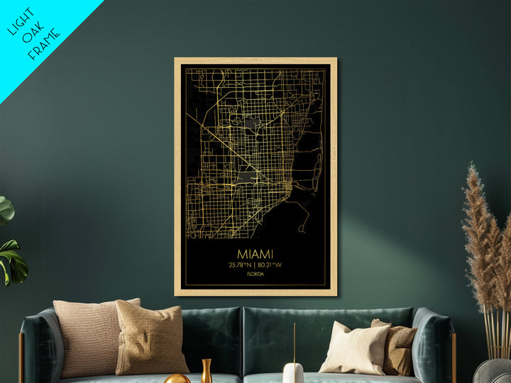 Miami Florida City street map, Metallic Gold Print, Metal Art, wood framed map, black and gold, Gold Street Map Art, Modern Wall Art