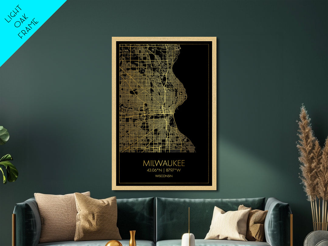 Milwaukee Wisconsin City street map, Metallic Gold Print, Metal Art, wood framed map, black and gold, Street Map Art, Office Decor