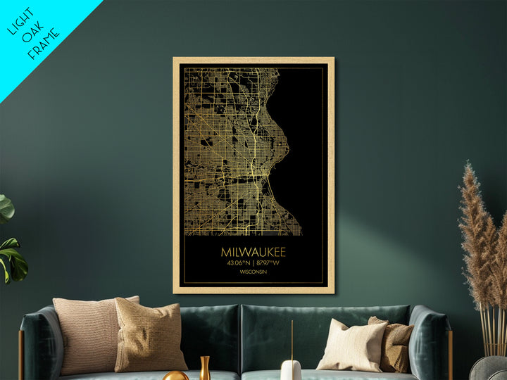 Milwaukee Wisconsin City street map, Metallic Gold Print, Metal Art, wood framed map, black and gold, Street Map Art, Office Decor