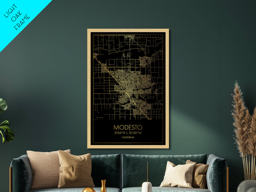 Modesto California City Poster, Metallic Gold Art, Metal Art, real wood frames, black and gold, Minimalist Wall Art, Map Print Poster