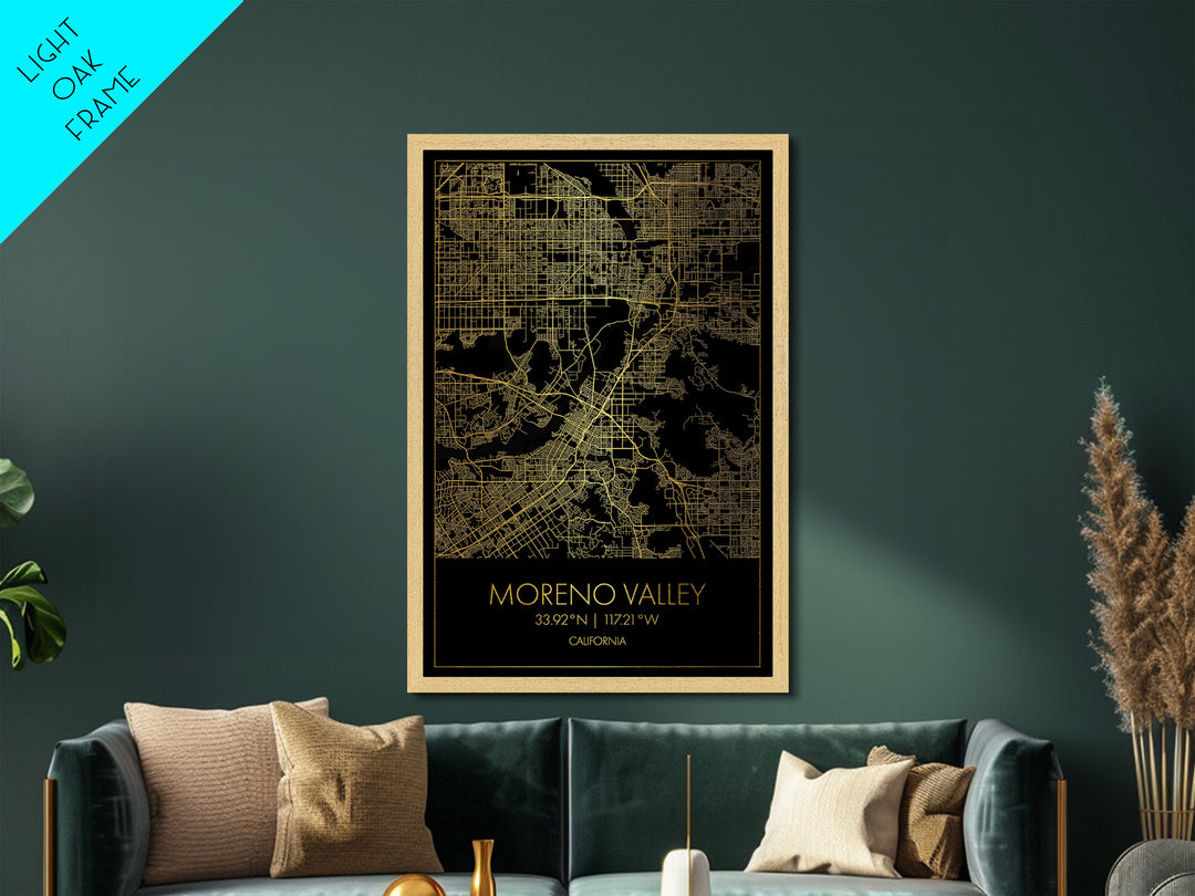 Moreno Valley California City Poster, Metallic Gold Art, Metal Art, real wood frames, black and gold, Map Art, Best Friend Gifts