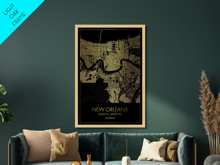 New Orleans Louisiana City street map, Metallic Gold Print, Metal Art, wood framed map, black and gold, Gold Street Map Art, Modern Wall Art