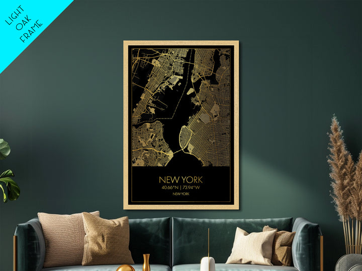 New York New York City street map, Metallic Gold Print, Metal Art, wood framed map, black and gold, Street Map Art, Office Decor