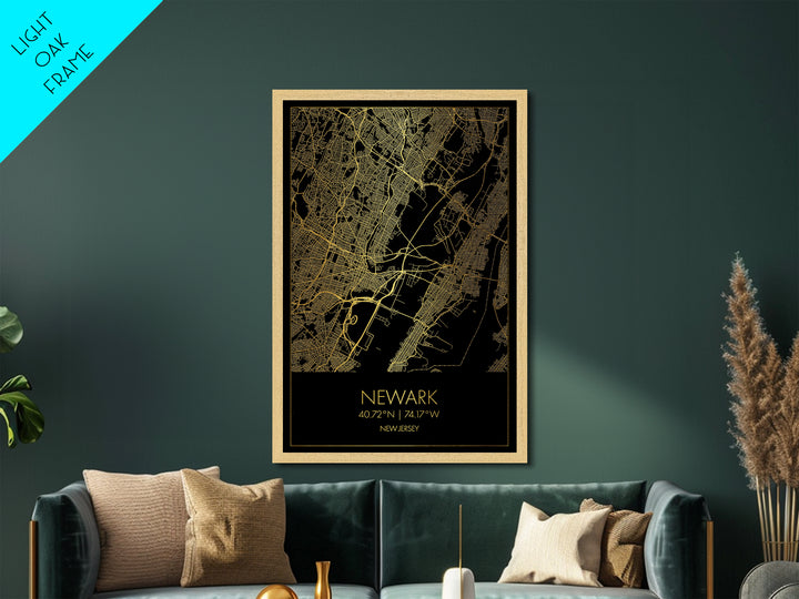 Newark New Jersey City Poster, Metallic Gold Art, Metal Art, real wood frames, black and gold, Map Art, Best Friend Gifts
