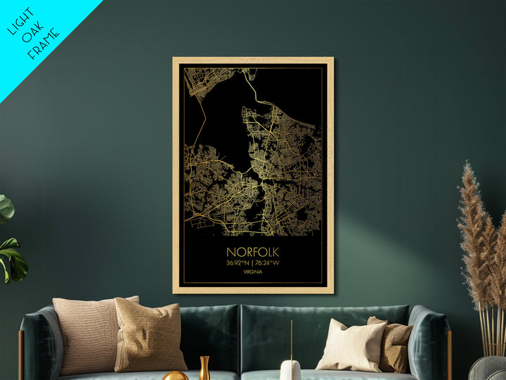 Norfolk Virginia City Poster, Metallic Gold Art, Metal Art, real wood frames, black and gold, Map Art, Best Friend Gifts