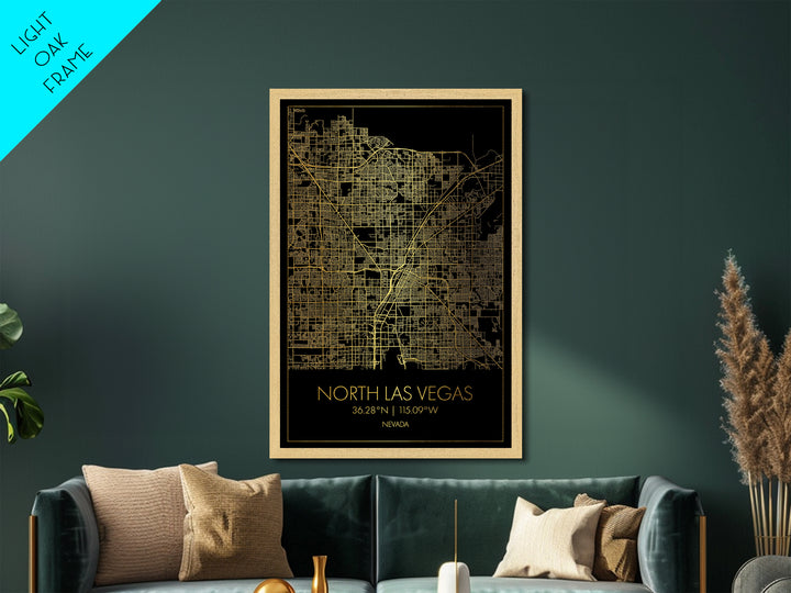 North Las Vegas Nevada map, Metallic Gold Print, Metal Art, wood framed map, black and gold, Gold Street Map Art, Modern Wall Art