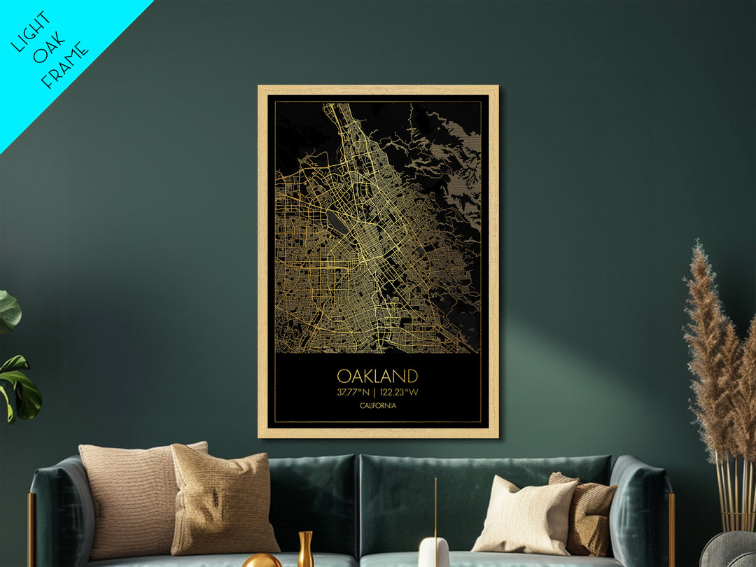 Oakland California City Poster, Metallic Gold Art, Metal Art, real wood frames, black and gold, Minimalist Wall Art, Map Print Poster