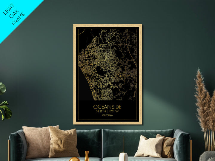 Oceanside California City street map, Metallic Gold Print, Metal Art, wood framed map, black and gold, Street Map Art, Office Decor