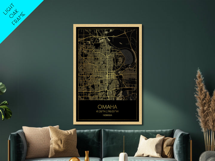 Omaha Nebraska City street map, Metallic Gold Print, Metal Art, wood framed map, black and gold, Gold Street Map Art, Modern Wall Art
