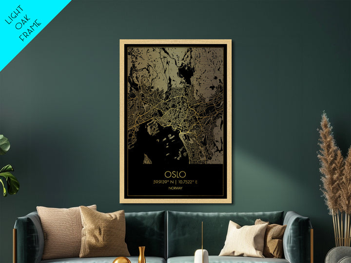 Oslo Norway City Poster, Metallic Gold Art, Metal Art, real wood frames, black and gold, Map Art, Best Friend Gifts