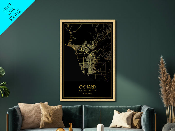 Oxnard California City Poster, Metallic Gold Art, Metal Art, real wood frames, black and gold, Minimalist Wall Art, Map Print Poster