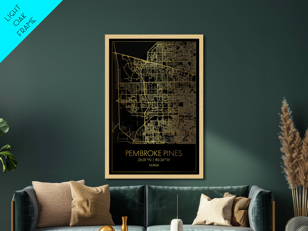 Pembroke Pines Florida City Poster, Metallic Gold Art, Metal Art, real wood frames, black and gold, Map Art, Best Friend Gifts