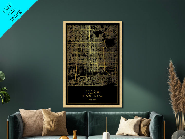 Peoria Arizona City street map, Metallic Gold Print, Metal Art, wood framed map, black and gold, Gold Street Map Art, Modern Wall Art