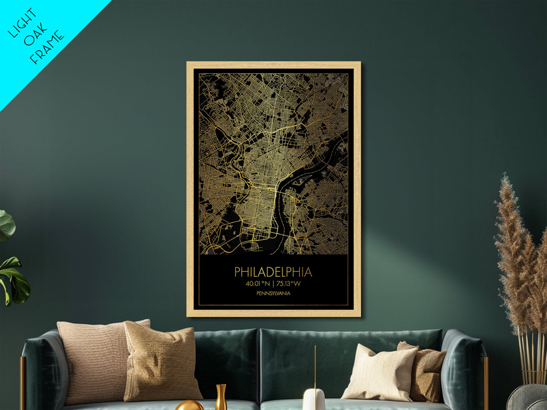 Philadelphia Pennsylvania City Poster, Metallic Gold Art, Metal Art, real wood frames, black and gold, Minimalist Wall Art, Map Print Poster