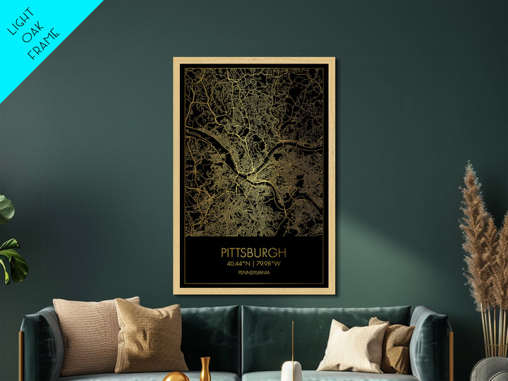Pittsburgh Pennsylvania City Poster, Metallic Gold Art, Metal Art, real wood frames, black and gold, Map Art, Best Friend Gifts