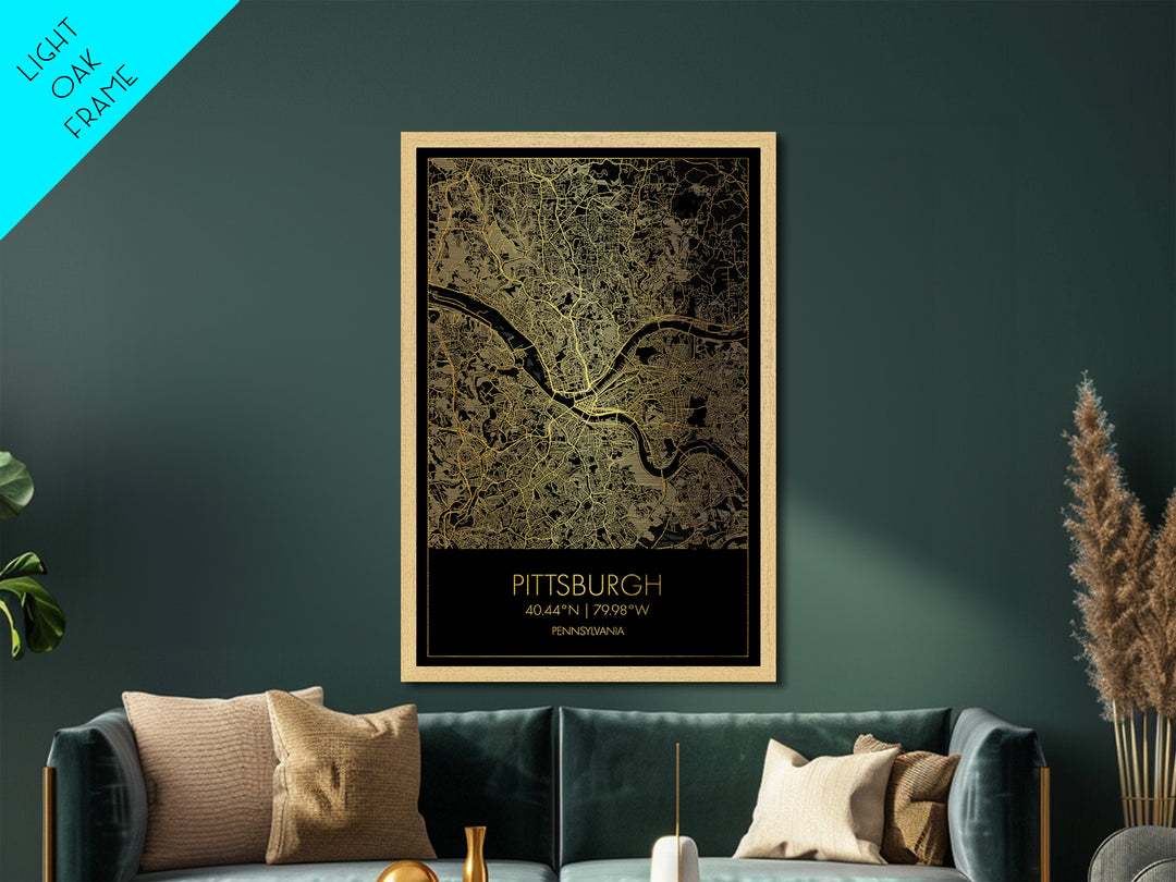 Pittsburgh Pennsylvania street map, Metallic Gold Print, Metal Art, wood framed map, black and gold, Gold Street Map Art, Modern Wall Art