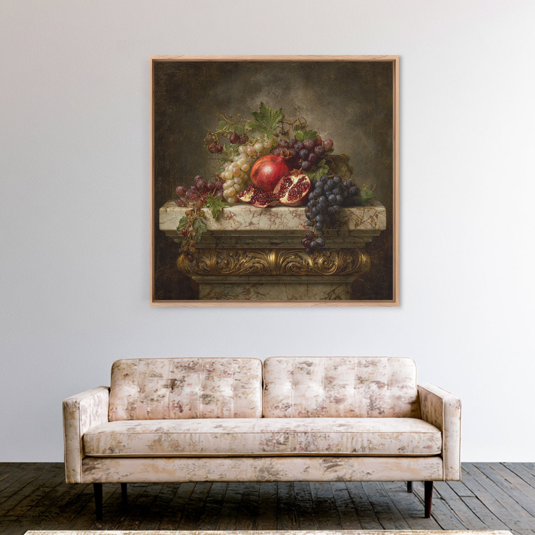Pomegranate and Grapes on Marble Ledge Canvas Print, Renaissanceinspired Art, Celestial Decor, Living Room Decor, Classic, REN-1x1-17