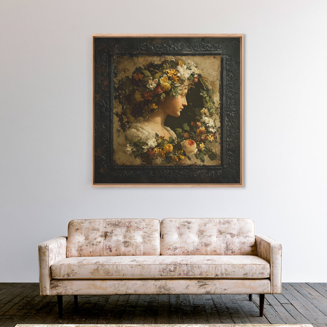 Floral Garland Surrounding a Classical Profile Canvas Print, Renaissanceinspired Art, Unique Wall Art, Living Room Decor, REN-1x1-22