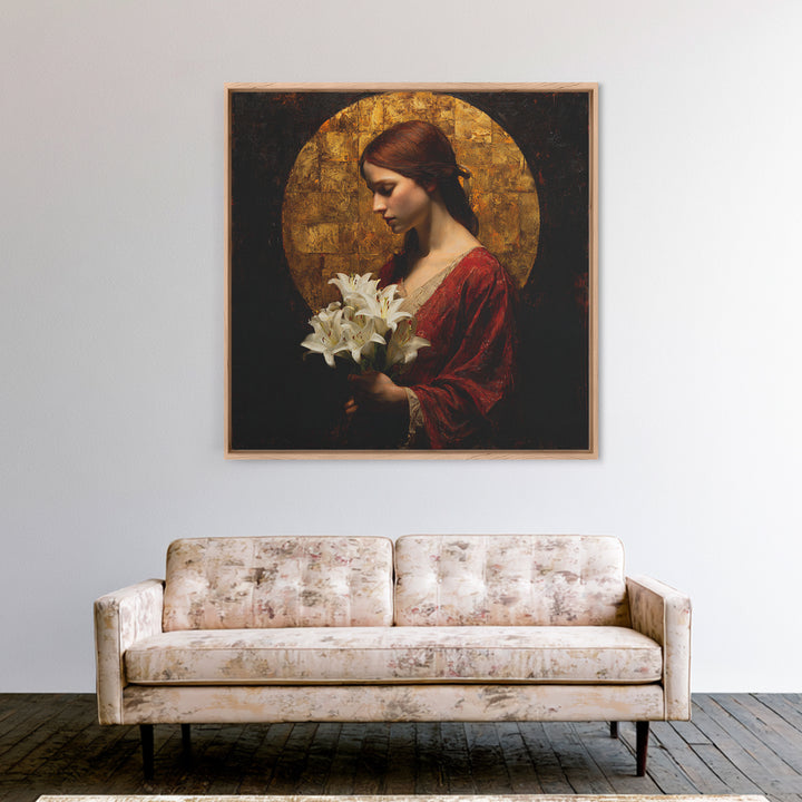 Saint Like Figure Holding White Lilies Framed Canvas Print, Renaissanceinspired Art, Floral Print, Living Room Decor, Classic, REN-1x1-37